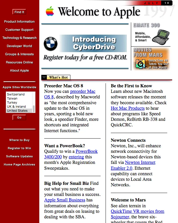 Screenshot of Apple.com in 1997.